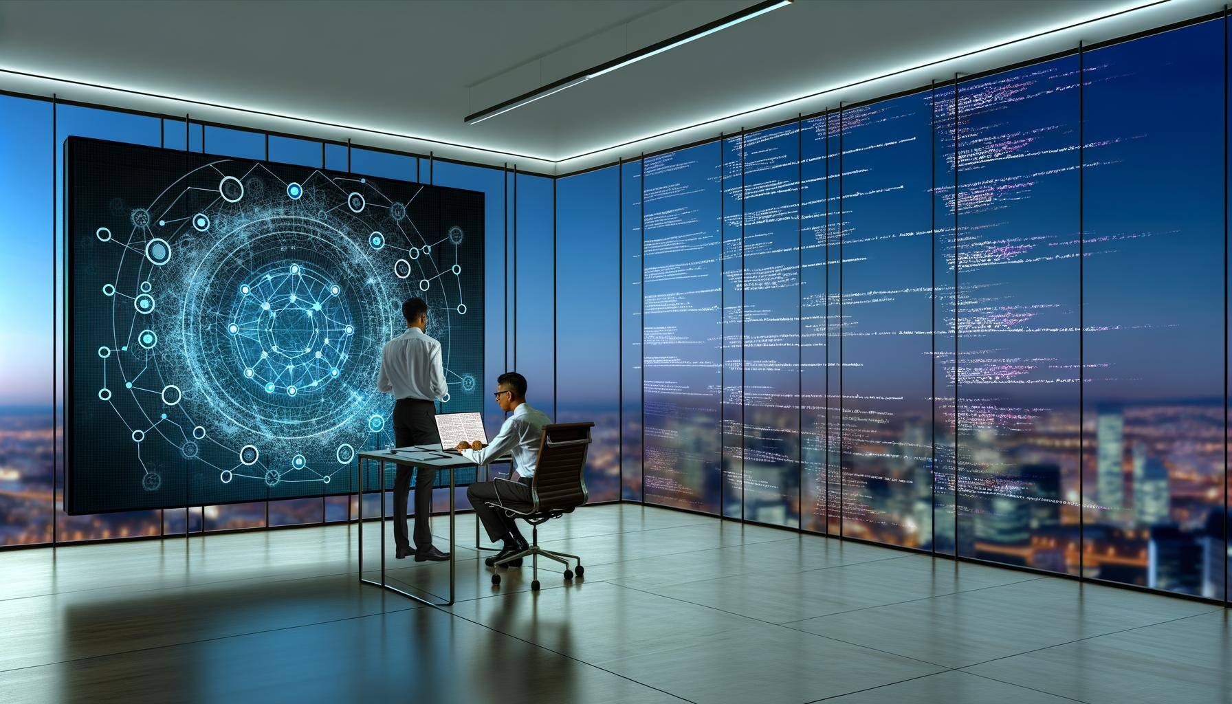 Render an image of a contemporary office setting, complete with a massive digital display showing a sophisticated network diagram teeming with interco